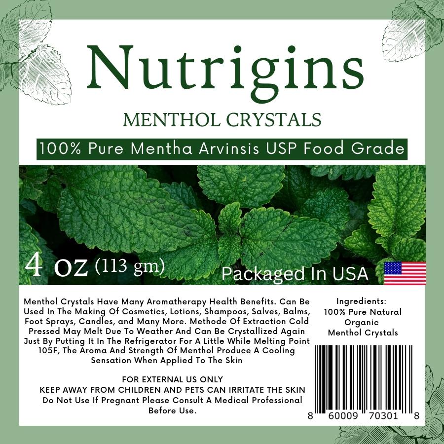 Nutrigins Menthol Crystal 4 oz - Pure Organic 100% Natural - Menthol Crystals from Mint Crystal Mints Mentha Arvensis - Comes in Resealable Standup Bag for Long-Lasting Freshness